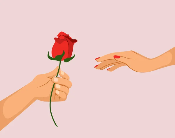Векторная Иллюстрация Мужской Руки Предлагающей Красную Розу Женской Руке Бойфренд — стоковый вектор