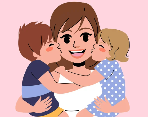 母亲抱着孩子的病媒图解 孩子们在母亲节那天亲吻妈妈 — 图库矢量图片