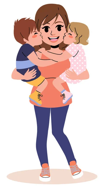 Vector Illustration Young Mother Holding Kissing Children Mother Day — Stock Vector