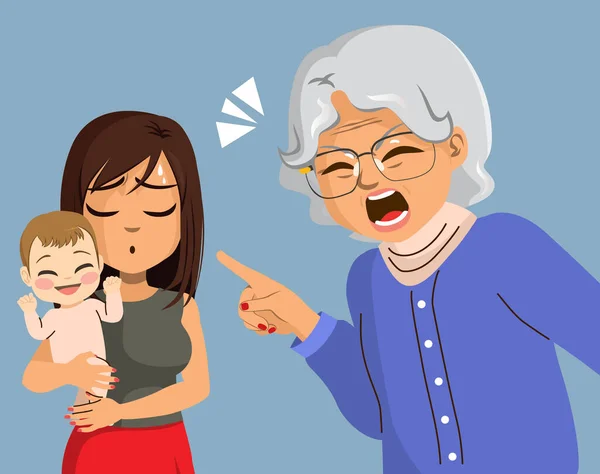 Εικονογράφηση Διάνυσμα Της Ηλικιωμένης Πεθεράς Επιπλήξει Νεαρή Δυστυχισμένη Μητέρα Κρατώντας — Διανυσματικό Αρχείο