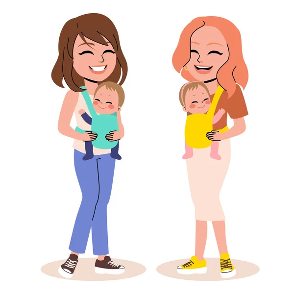两个母亲朋友与婴儿携带者交谈的矢量图解 男婴和女婴与妈妈一起散步社交 — 图库矢量图片