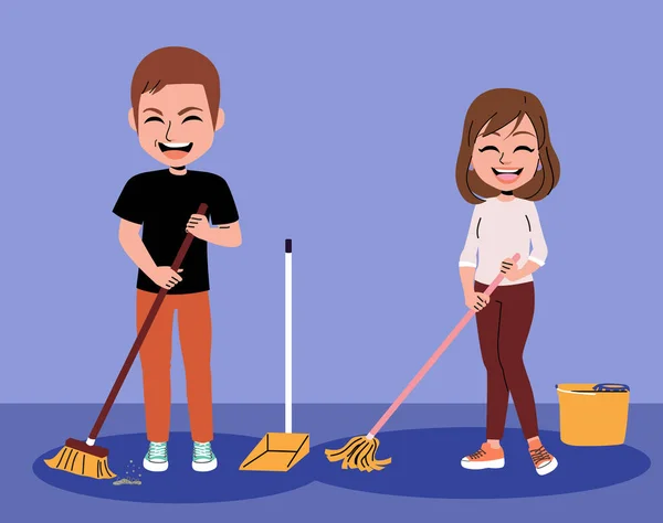 Vector Illustration Couple Cleaning Holding Tools Housekeeping Dividing Chores Equally — Stock Vector