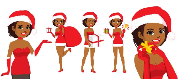 Jolie Jeune Femme Portant Illustration Costume Père Noël Dans Différentes — Image vectorielle