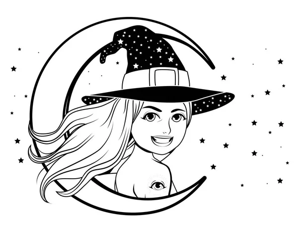 Young Beautiful Witch Wearing Big Hat Stars Black White Tattoo — Stock Vector
