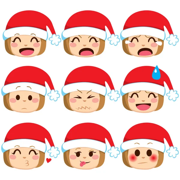 Emoticon Mädchen Mit Weihnachtsmannmütze Emoji Für Weihnachten Und Neujahr — Stockvektor