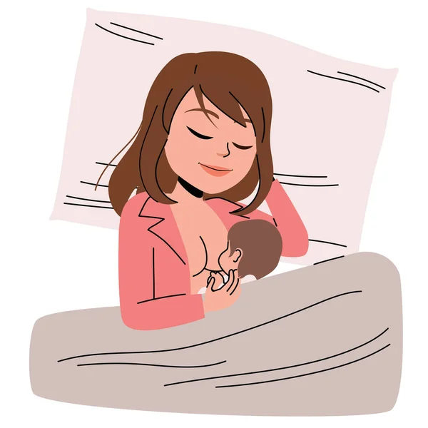 Ilustración Vectorial Madre Abrazando Bebé Mientras Amamanta Acostada Cama Interior — Vector de stock