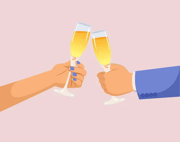 Ilustração Vetorial Noivo Noiva Mãos Brindar Com Champanhe Dia Casamento — Vetor de Stock