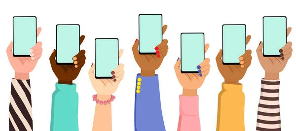Vector Illustratie Van Diverse Mannelijke Vrouwelijke Handen Houden Mockup Smartphone — Stockvector