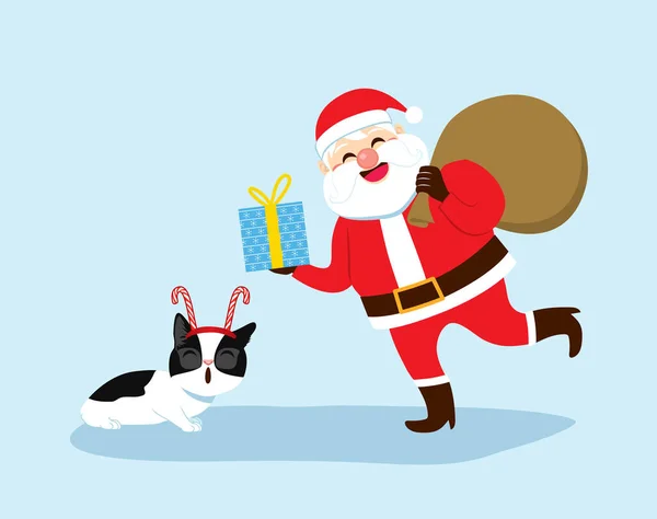 圣诞老人送给猫的礼物的矢量图解 男子假扮成圣诞节礼物 把盒子包在宠物身上 — 图库矢量图片