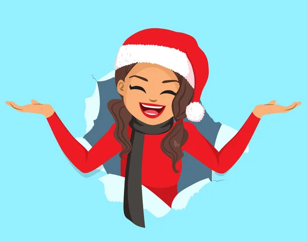 Happy Woman Wearing Christmas Hat Exciting Amazed Face Expression Blue — Stock Vector