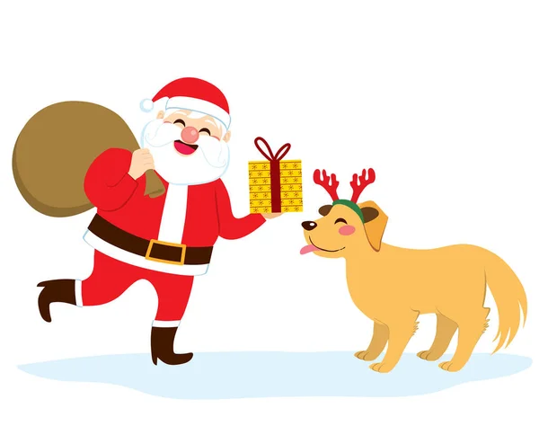 Плоска Векторна Ілюстрація Санта Клауса Дає Різдвяний Подарунок Гарному Собаці — стоковий вектор