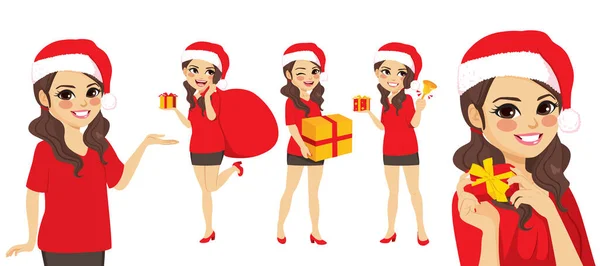 Vector Illustration Set Von Schönen Glücklichen Mädchen Mit Weihnachtsmannmütze Auf — Stockvektor