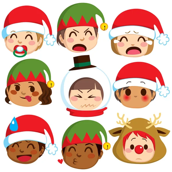 クリスマスキッズ Emojidex 絵文字デックス カスタム絵文字サービス 白い背景に隔離されたサンタの帽子 雪だるま トナカイの衣装を着た子供たち — ストックベクタ