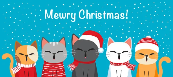 猫のベクトルイラスト アクセサリーを編んだ帽子 セーター 青い背景の歌のキャロルに雪のフレークを持つスカーフでかわいい子猫のメリークリスマスの絵 — ストックベクタ