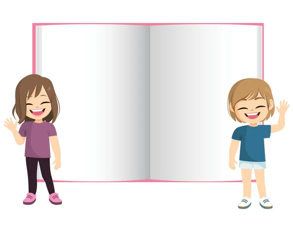 两个孩子挥手和一本大空书的矢量图解 背对着大笔记本笑的学生 — 图库矢量图片