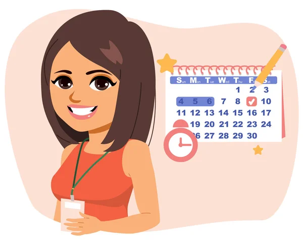 Wektorowa Ilustracja Witającej Koordynatorki Imprez Kobiet Kobieta Koncepcją Kalendarza Symboli — Wektor stockowy