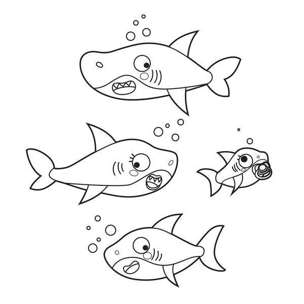 Esquema Dibujo Lindo Feliz Tiburón Familia Cuatro Miembros Nadando Mar — Archivo Imágenes Vectoriales