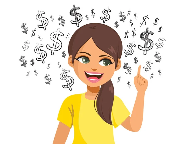 ドル記号のスケッチに指を指してジェスチャー若い幸せな女性のベクトルイラスト 大金を稼ぐという概念 — ストックベクタ