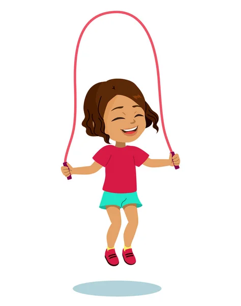 Happy Cute Gadis Anak Bermain Lompat Tali Vektor Ilustrasi Anak - Stok Vektor