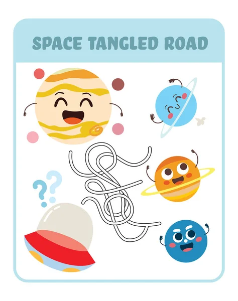 就学前の子供のための迷路や迷路ゲームのベクトルイラスト 宇宙は面白い惑星の文字を持つ子供のための漫画のパズル道路活動を絡め — ストックベクタ
