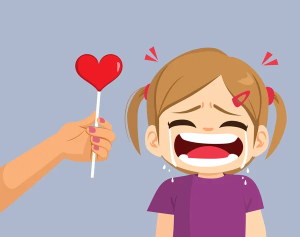 一个哭哭啼啼的蹒跚学步的小女孩收到了一个心形棒棒糖 卡通画母亲的胳膊给她宠坏的哭泣的女儿糖果操作的概念 — 图库矢量图片