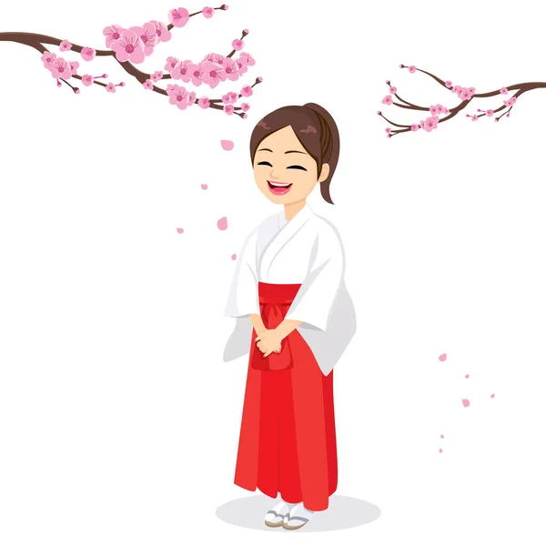 Японская Жрица Майк Сакурой Цветущих Ветвях Векторная Иллюстрация Счастливой Восточноазиатской — стоковый вектор