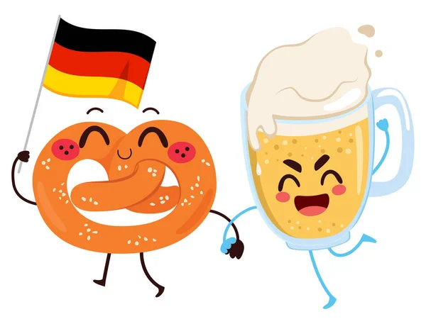 ビールとプレッツェルのかわいい面白いハッピーグラスのベクトルイラスト オクトーバーフェストの休日を祝うドイツの旗と漫画のカラフルキャラクターマスコットの友人 — ストックベクタ
