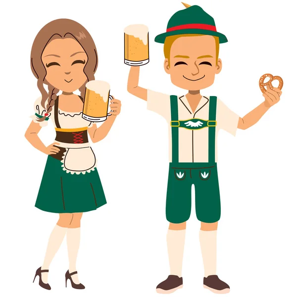 在Oktoberfest党 德国夫妇穿着传统服饰的矢量图解 卡通人物吉祥物 身着民族服装的男女 — 图库矢量图片