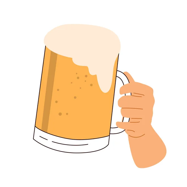男性手拿着一杯冰啤酒 酒精饮料 啤酒爱好者的概念 侧视图 平面矢量图解 — 图库矢量图片