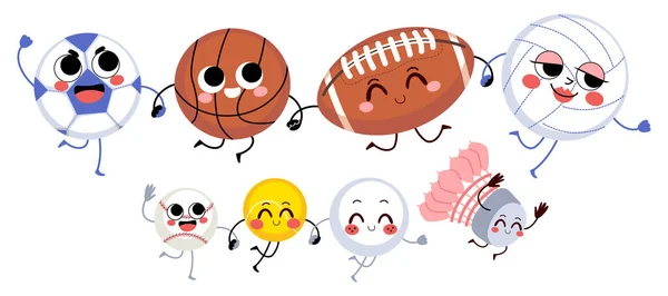 Set Collection Sport Ball Cartoon Character Mascot Running Together Flat — Stock Vector