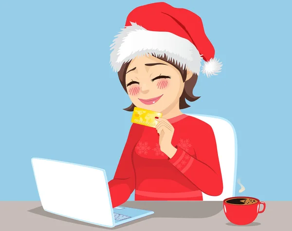 Uśmiechnięta Kobieta Podekscytowana Robi Zakupy Online Boże Narodzenie Siedząc Czerwonym — Wektor stockowy