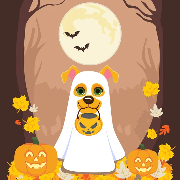 Dog Ghost Costume Halloween Bucket Vector Illustration Cute Spooky Character — Stock Vector