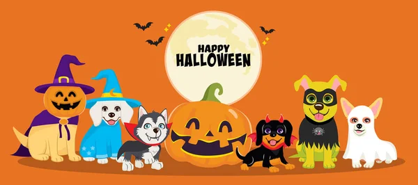 Vektorová Ilustrace Psů Halloweenskými Kostýmy Slavících Svátky Šťastné Domácí Mazlíčci — Stockový vektor