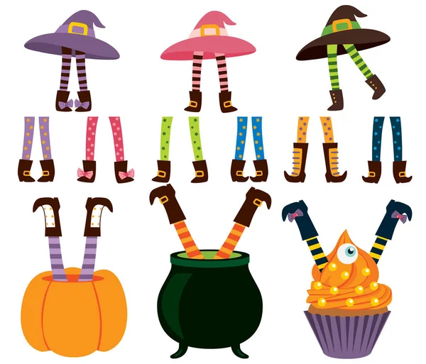 万圣节女巫长袜腿 可爱的巫术大锅 南瓜和纸杯蛋糕靴派对邀请卡 — 图库矢量图片