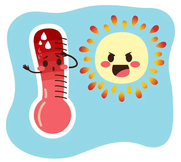 Cute Thermometer Melting Sweating Increase Temperature Sun Making Hot Rays — Stock Vector