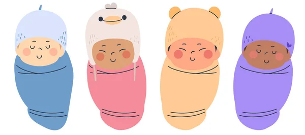Векторная Иллюстрация Новорожденных Разнообразных Персонажей Завернутых Одеяло Спящий Младенец Пеленах — стоковый вектор