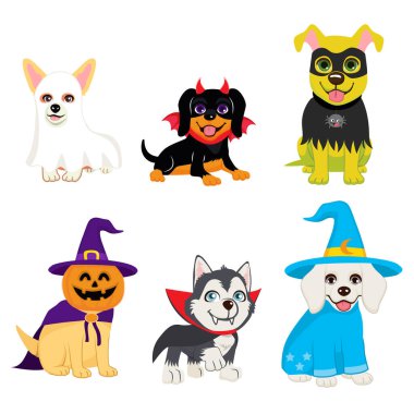 Various dogs of different breeds in monsters costumes vector illustration. Design elements for Halloween party isolated on white background clipart