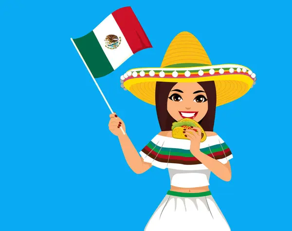 Красива Мексиканська Жінка Їсть Таксо Святкує Своє Парадне Свято Дівчина Ліцензійні Стокові Ілюстрації