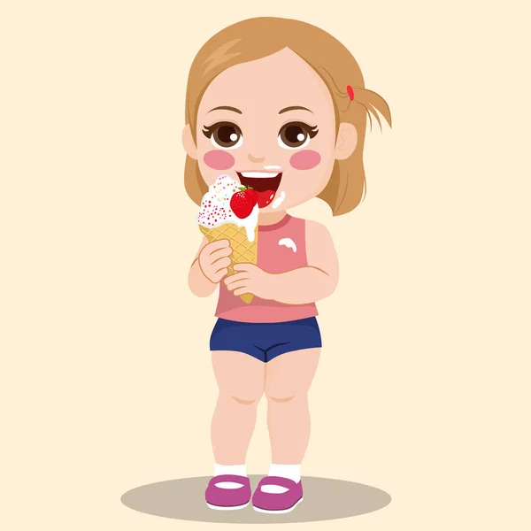 차있는 아이는 딸기를 아이스크림을 먹습니다 노란색 배경에 — 스톡 벡터