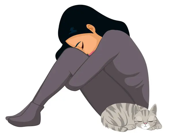 Μοναχική Γυναίκα Γκρι Εικονογράφηση Διάνυσμα Γάτα Αισθάνεται Κάτω Και Κατάθλιψη Διάνυσμα Αρχείου