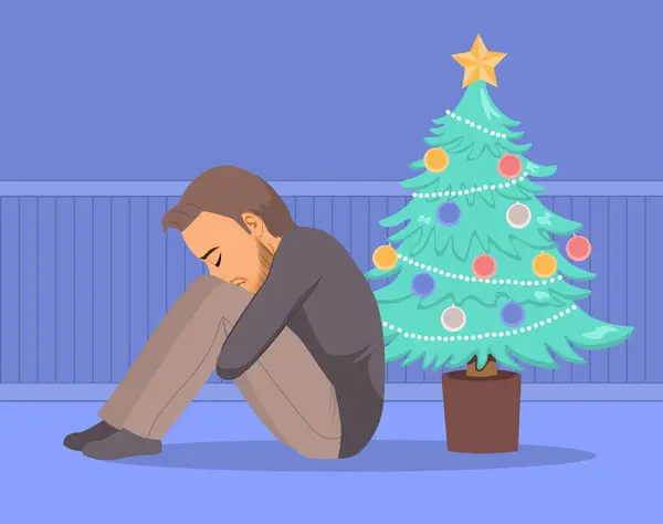 Przygnębiony Człowiek Siedzący Podłodze Boże Narodzenie Wektor Ilustracji Koncepcja Zdrowia — Wektor stockowy