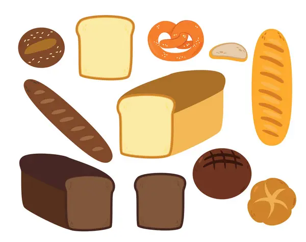 Set Van Cartoon Voedsel Geïsoleerde Vector Illustratie Volkoren Brood Bagel Vectorbeelden
