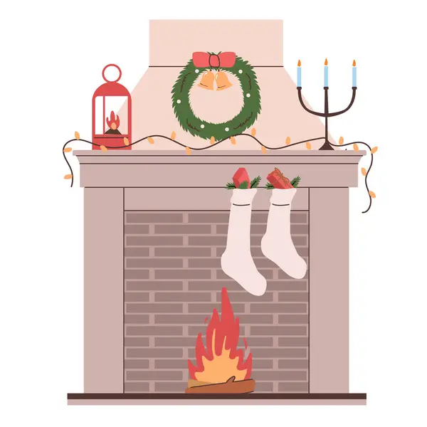Weihnachten Kamin Heimdekoration Grußkarte Vektor Illustration Isoliert Auf Weißem Hintergrund — Stockvektor