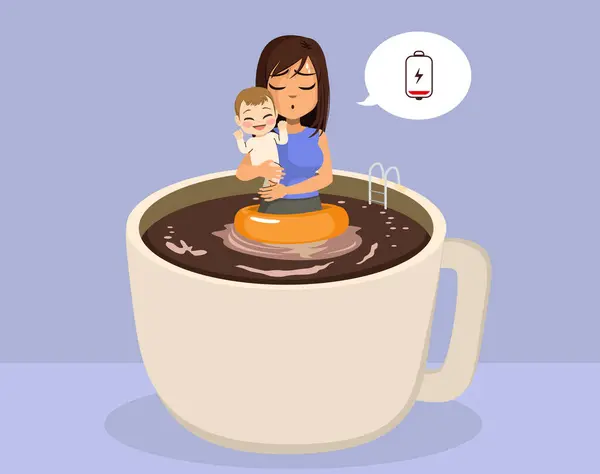 Moeder Houden Baby Baden Koffie Laag Energie Concept Vector Illustratie Vectorbeelden