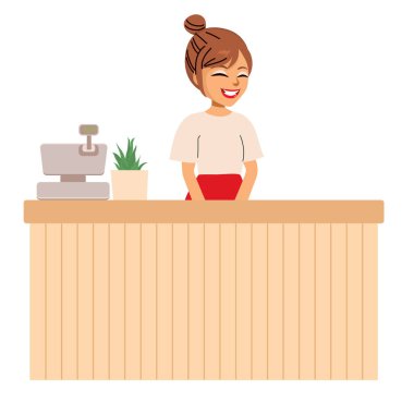 Female clerk who works at a cashier counter isolated on white background. Vector illustration of woman working at supermarket clipart