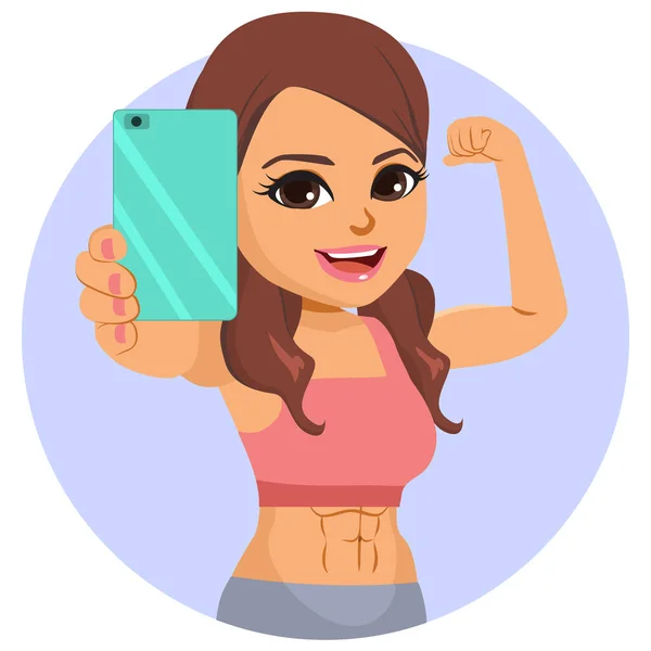 Kvinnlig Kroppsbyggare Gör Selfie Illustration Vacker Tecknad Karaktär Kvinna Bär — Stock vektor