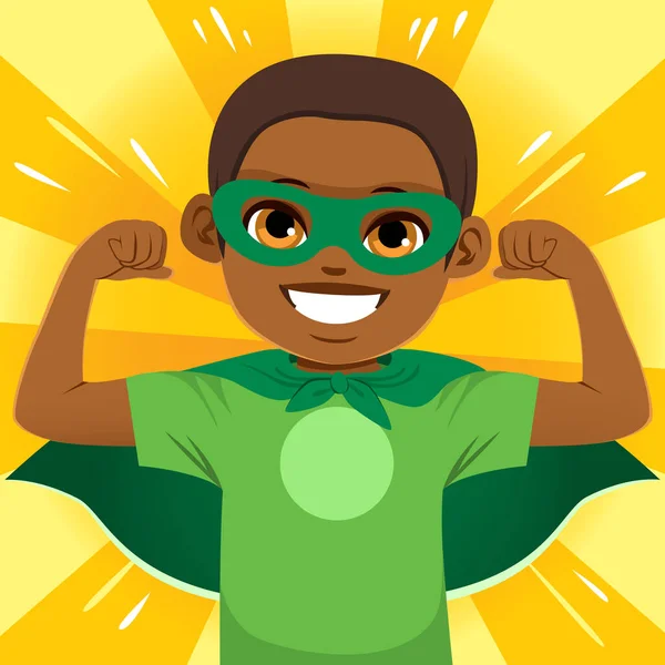 可爱的小男孩穿得像个超级英雄 穿着绿色的大披风和衬衫 矢量说明 免版税图库插图