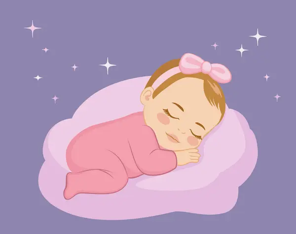 Słodki Mały Śpiący Wektor Ilustracji Cute Baby Girl Śpi Spokojnie Wektor Stockowy