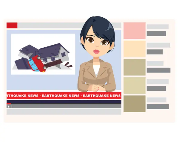 Femmina Giornalista Online Parlando Incidente Dopo Terremoto Notizie Vettoriale Cartone Illustrazione Stock