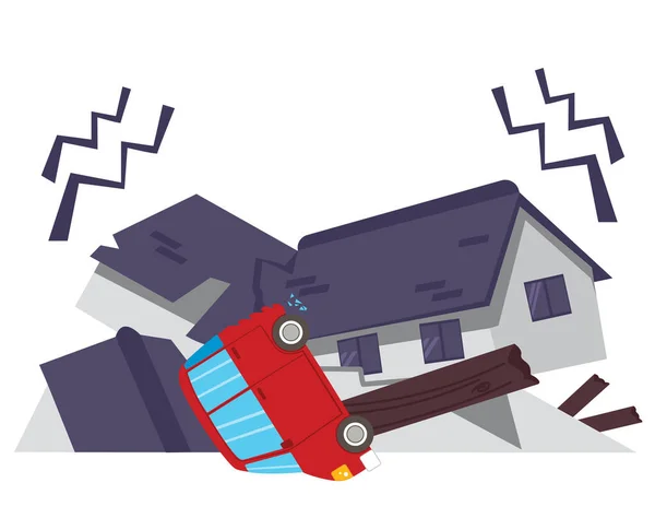 Earthquake Damaged Houses Car Vector Illustration Home Insurance Business Service Stock Illustration